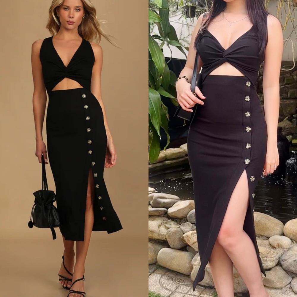 Lulus Trend Seeker Black Ribbed Twist-Front Cutout Midi Dress - XS